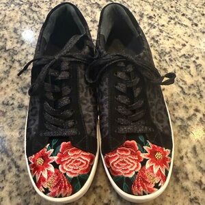 Johnny Was Black Sneakers with Red Floral Embroidery